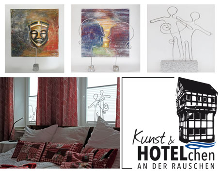 Bildcollage zeigt die Kunstwerke von Petra Wenski-Hänisch im Hotelchen An der Rauschen im Jahr 2018.