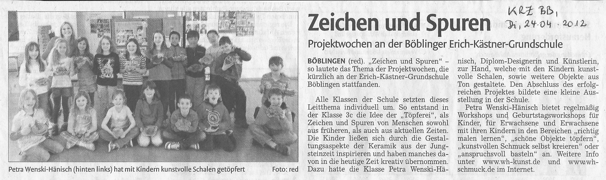 Artikel in der Kreiszeitung Böblingen einem Kunst-Projekt in der Erich-Kästner Schule in Böblingen im Jahr 2012.