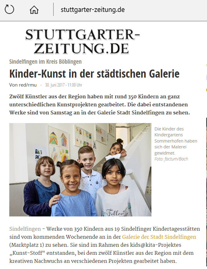 Artikel in der Stuttgarter Zeitung zu kids@kita Kunst-Projekt im Jahr 2017