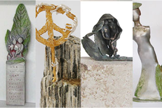 Vier Beispiele für Skulpturenkunst. Alle erstellt von der Künstlerin Petra Wenski-Hänisch im Wachsausschmelzverfahren, gegossen in unterschiedlichen Materialien - Alu, Silber, Bronze.
