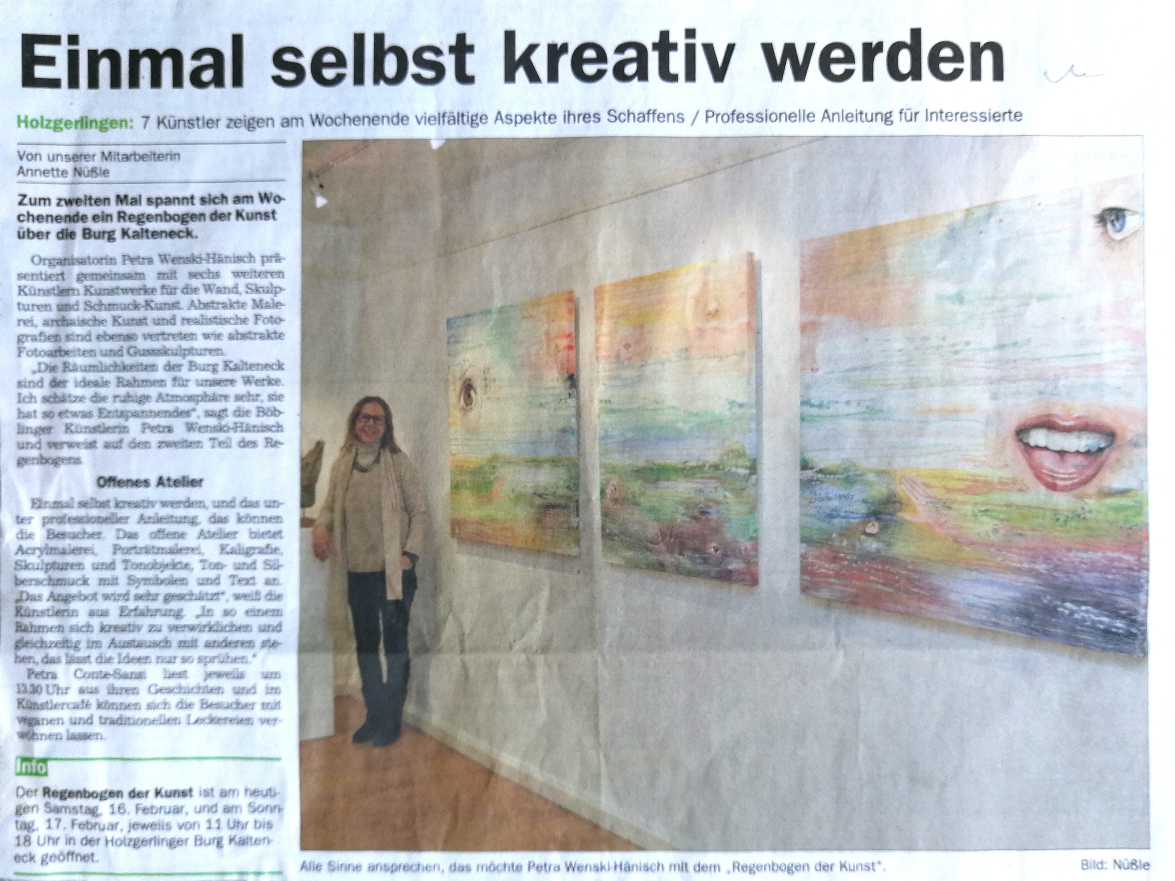 Artikel in der SZ/BZ über die Ausstellung in der Burg Kalteneck im Rahmen des Regenbogen der Kunst 2019.