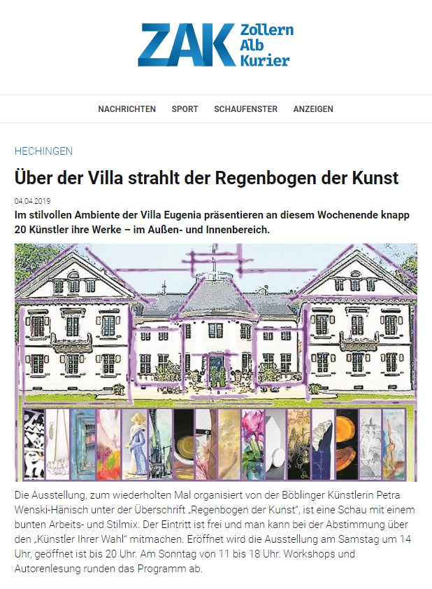 Artikel im Zollern Alb Kurier zum Regenbogen der Kunst in der Villa Eugenia in Hechingen 2019.