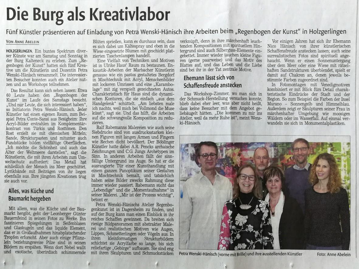 Artikel in der Kreiszeitung Böblingen zum Regenbogen der Kunst in der Burg Kalteneck 2019.
