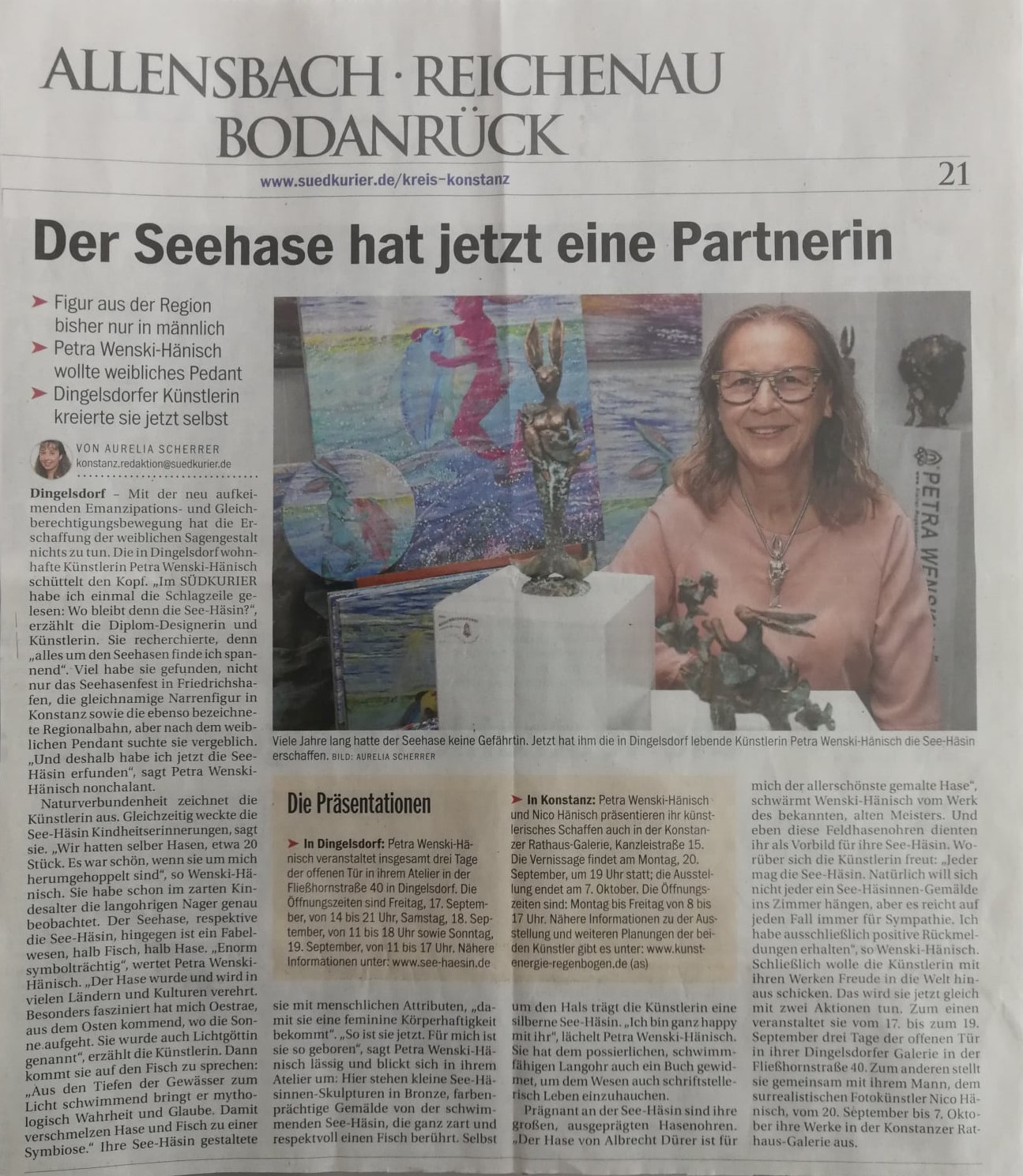 Artikel im Südkurier zur Kunst-Kultur-Figur See-Häsin.