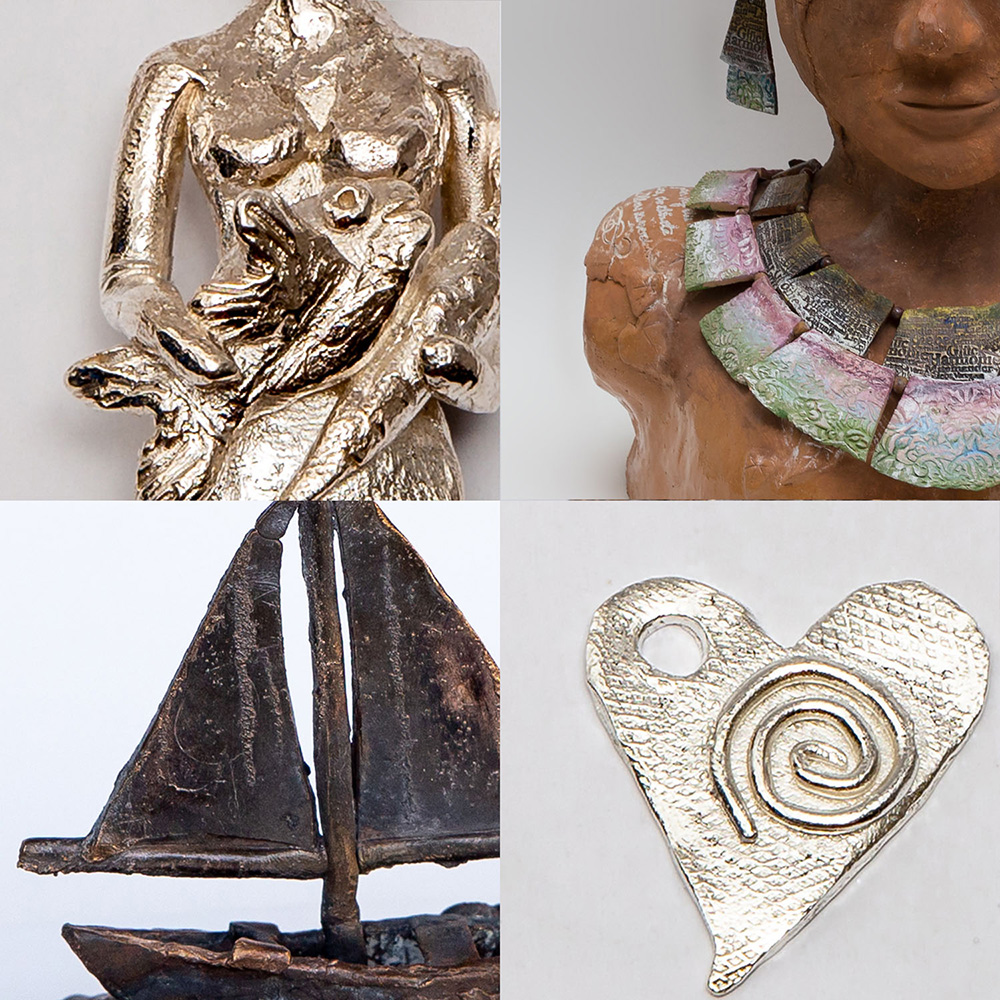 Collage unterschiedlicher Skulpturen, die im Workshop im Aterlier Kunst-Energie-Regenbogen angefertigt werden können.